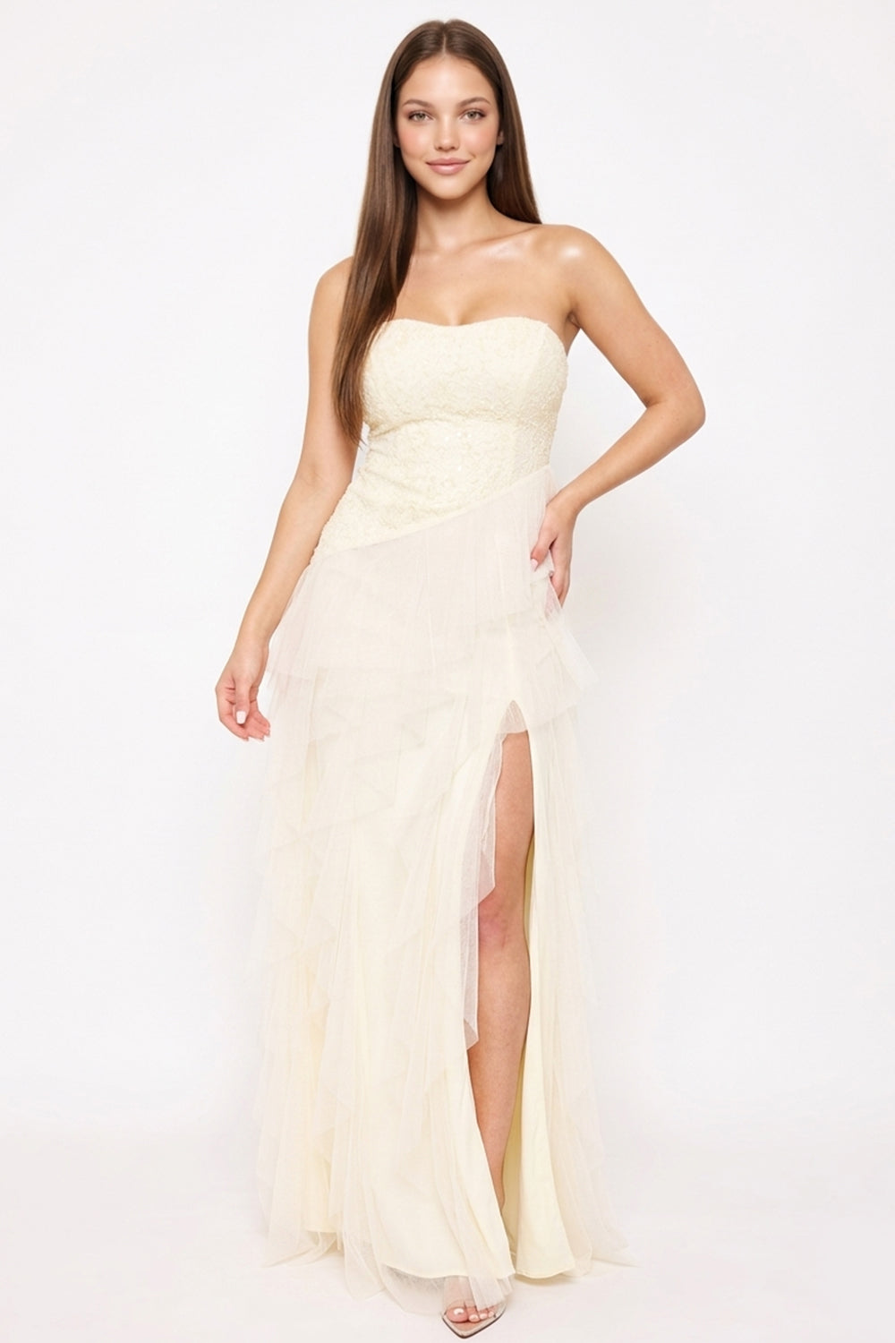 Sequin On Lace With Layers Of Mesh Maxi Dress
