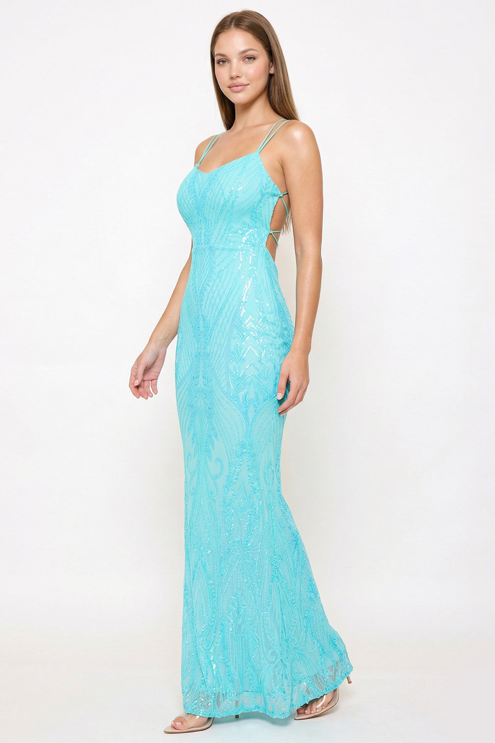 Scroll Pattered On Mesh Fabric Maxi Dress
