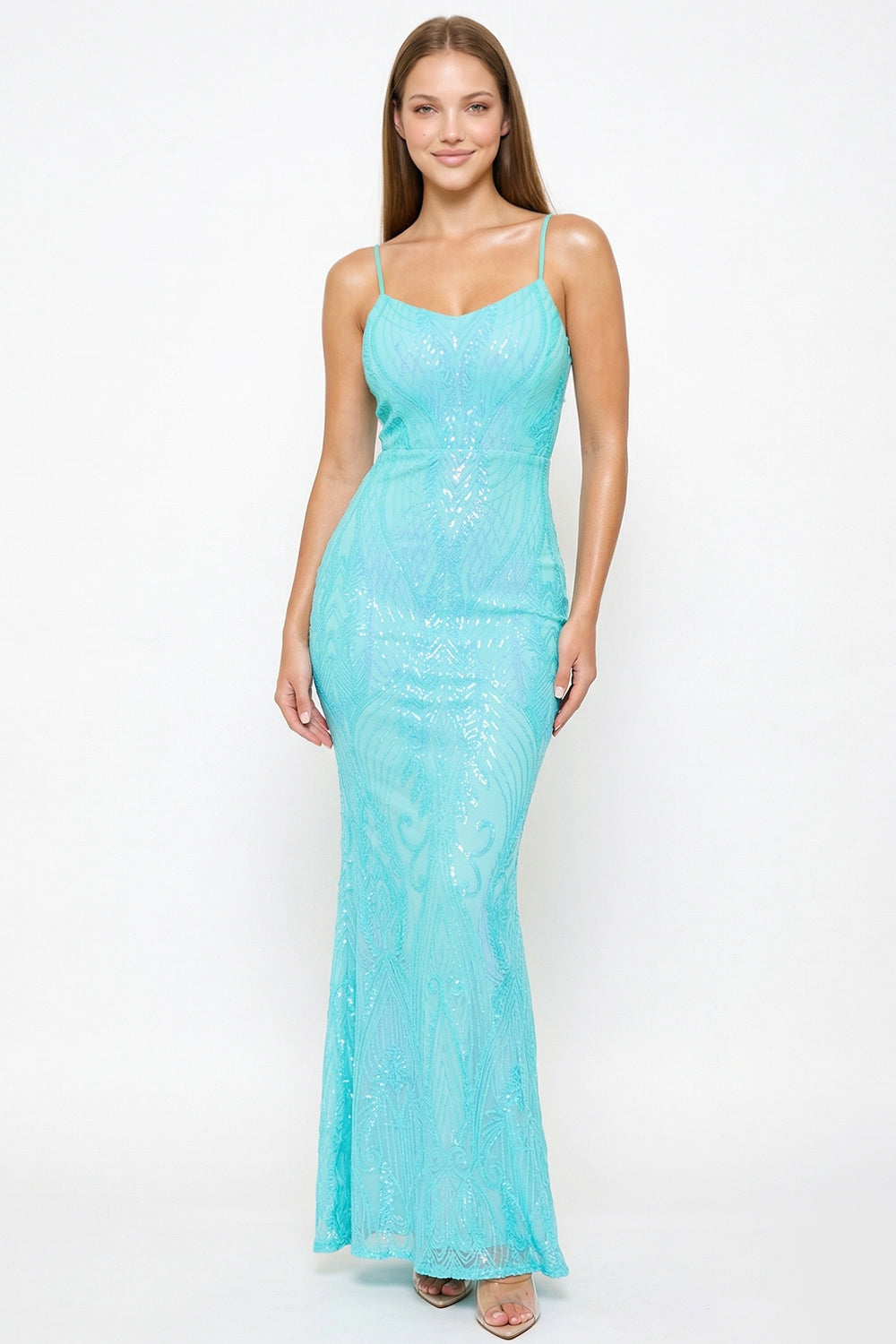 Scroll Pattered On Mesh Fabric Maxi Dress