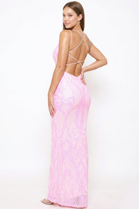 Scroll Pattered On Mesh Fabric Maxi Dress