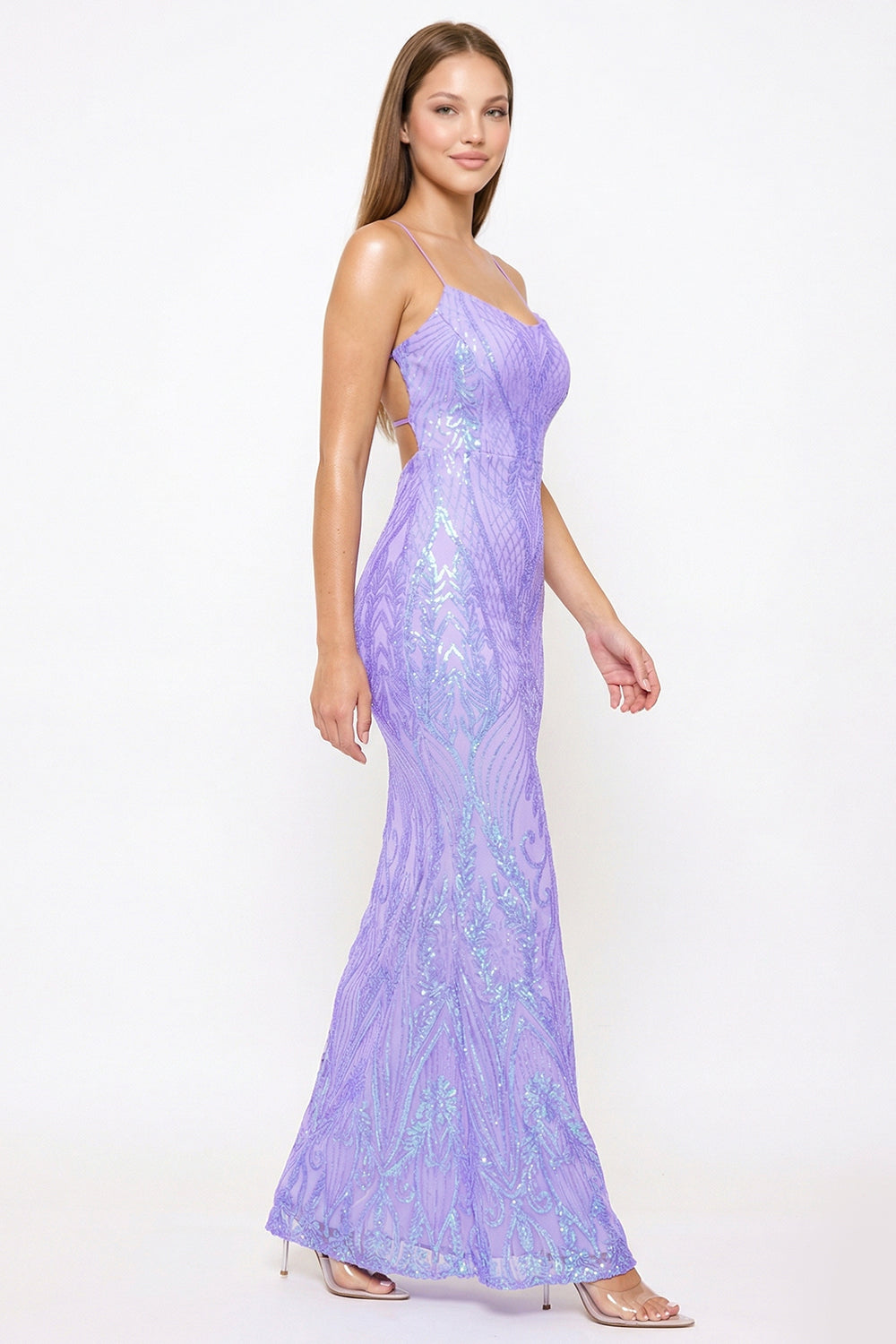 Scroll Pattered On Mesh Fabric Maxi Dress