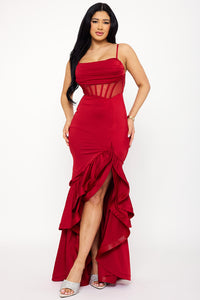 Symphony Dress - Satin Mesh Bustier Double Layer Ruffle Maxi Dress | Zezebe