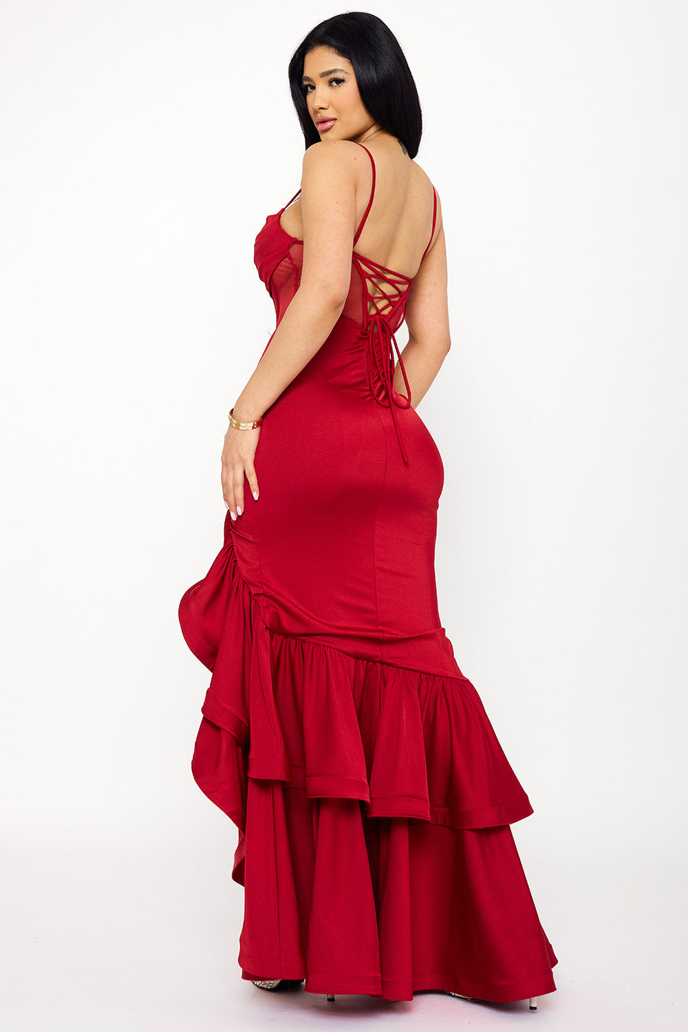 Symphony Dress - Satin Mesh Bustier Double Layer Ruffle Maxi Dress | Zezebe