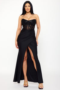 Symphony Dress - Lace Corset Bodice With Satin Contrast Maxi Dress | Zezebe