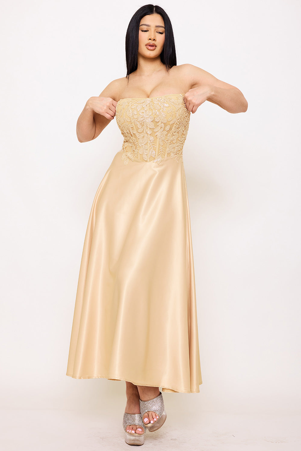 Symphony Dress - Lace And Dull Satin Paneled Maxi Dress | Zezebe