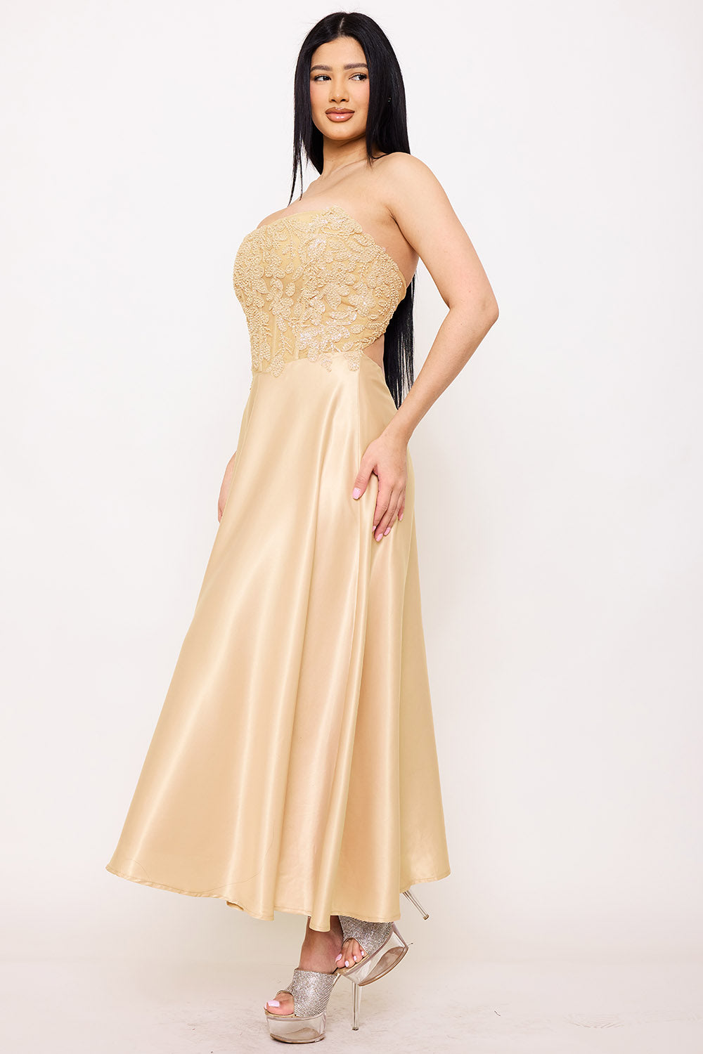 Symphony Dress - Lace And Dull Satin Paneled Maxi Dress | Zezebe