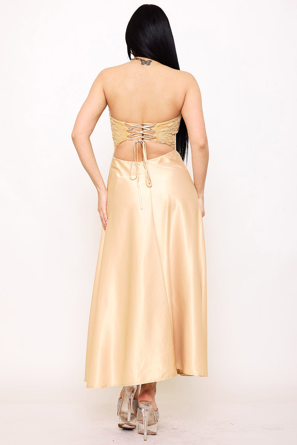 Symphony Dress - Lace And Dull Satin Paneled Maxi Dress | Zezebe