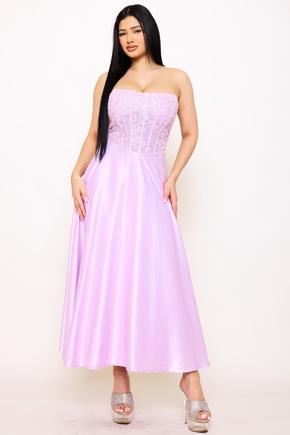 Symphony Dress - Lace And Dull Satin Paneled Maxi Dress | Zezebe