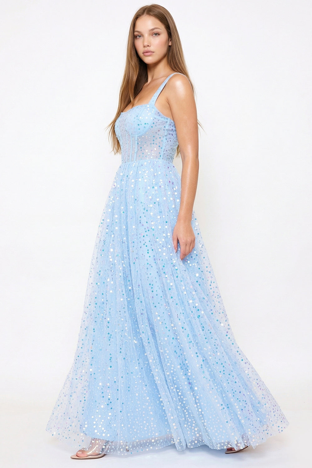 Sequins On Mesh Ball Gown Maxi Dress