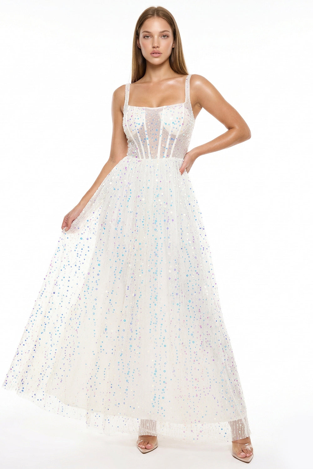 Sequins On Mesh Ball Gown Maxi Dress