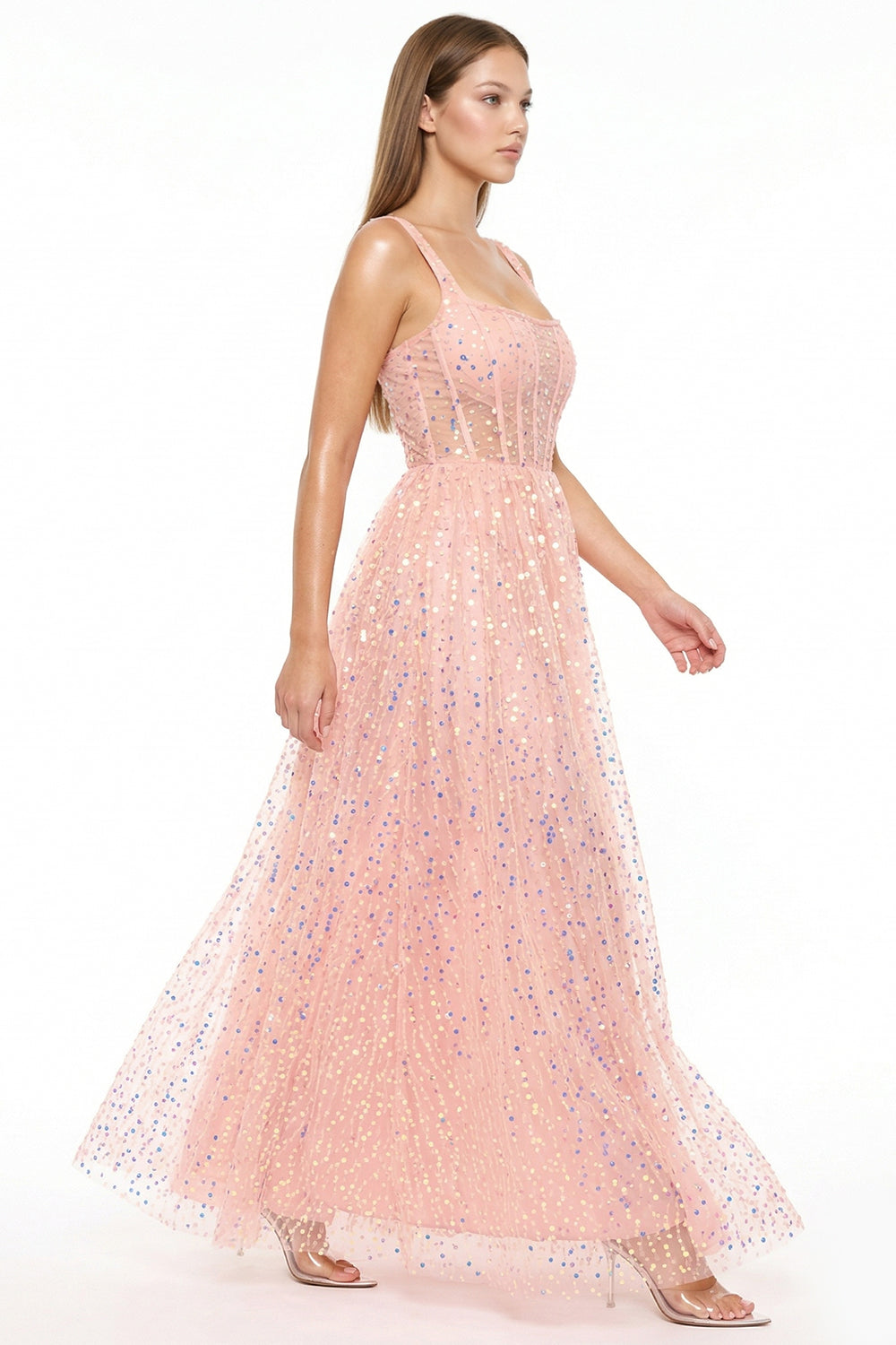 Sequins On Mesh Ball Gown Maxi Dress