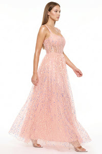 Sequins On Mesh Ball Gown Maxi Dress