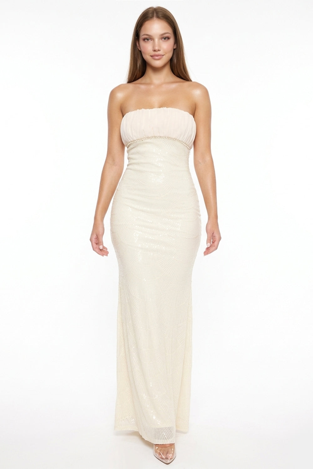 Scalloped Sequin On Mesh Tube Top Maxi Dress