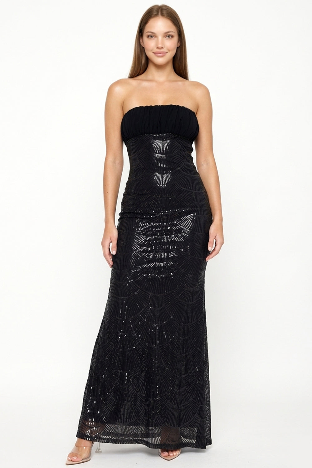 Scalloped Sequin On Mesh Tube Top Maxi Dress