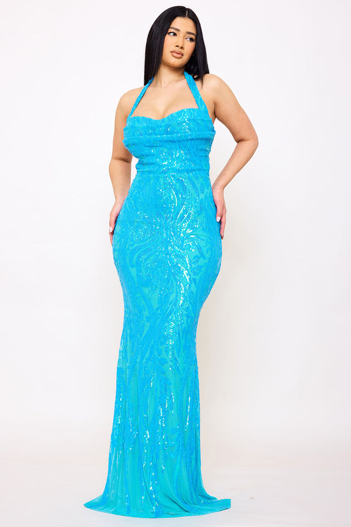 Symphony Dress - Patterned Sequin Mermaid Halter Top Maxi Dress | Zezebe