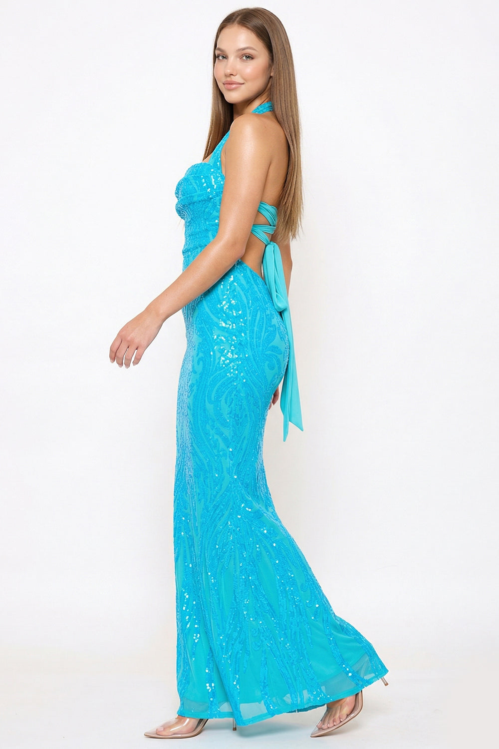 Patterned Sequin Mermaid Halter Top Maxi Dress