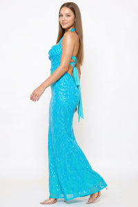 Patterned Sequin Mermaid Halter Top Maxi Dress