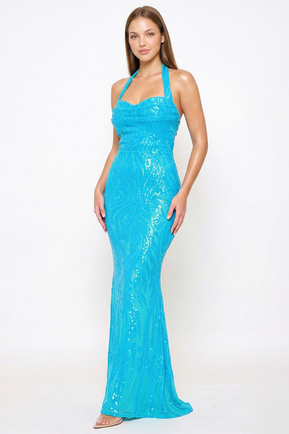 Patterned Sequin Mermaid Halter Top Maxi Dress