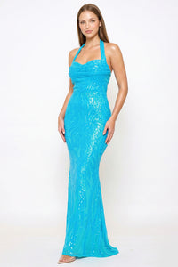Patterned Sequin Mermaid Halter Top Maxi Dress