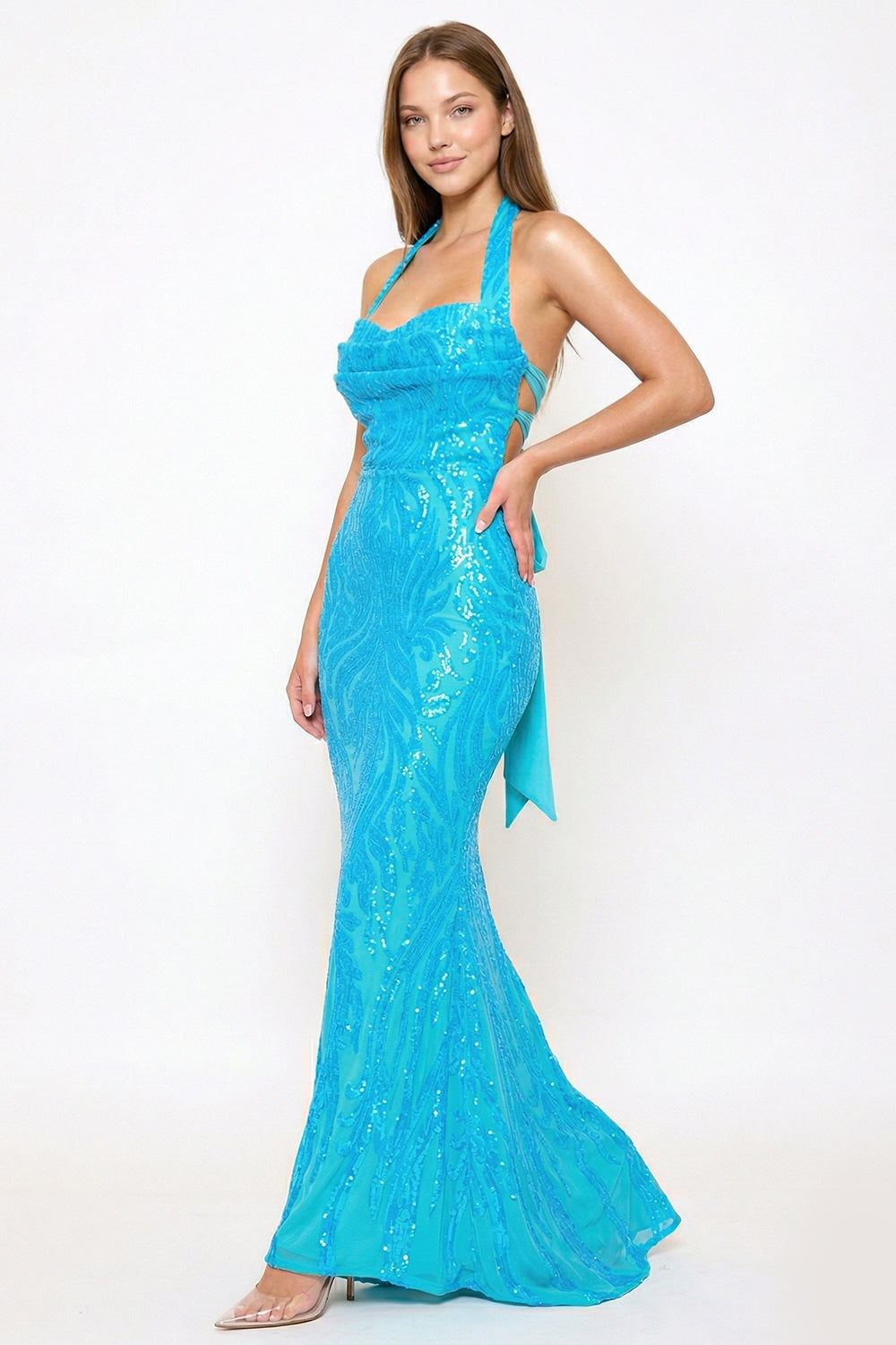 Patterned Sequin Mermaid Halter Top Maxi Dress