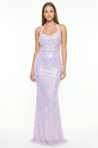 Patterned Sequin Mermaid Halter Top Maxi Dress