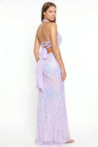 Patterned Sequin Mermaid Halter Top Maxi Dress