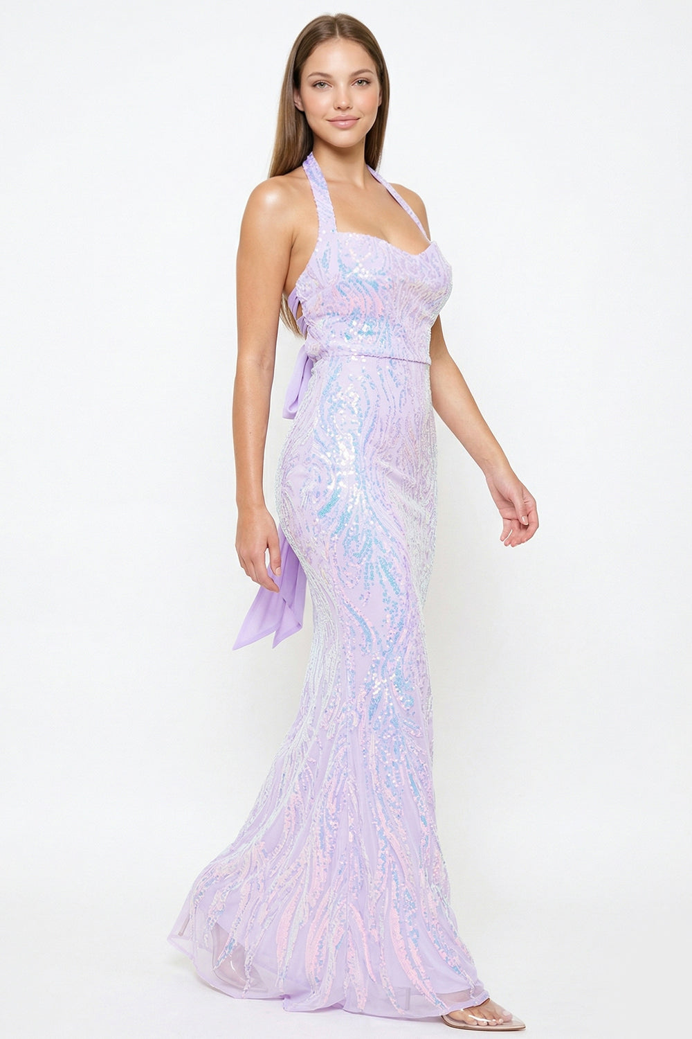 Patterned Sequin Mermaid Halter Top Maxi Dress