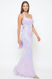 Patterned Sequin Mermaid Halter Top Maxi Dress
