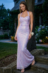 Patterned Sequin Mermaid Halter Top Maxi Dress