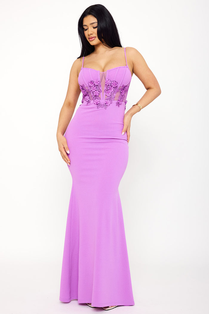 Symphony Dress - Bead On Flower Oblique Lace On Bust Maxi Dress | Zezebe