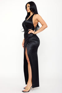 Symphony Dress - Rhinestone On Satin Wrap Halter Neck Maxi Dress | Zezebe