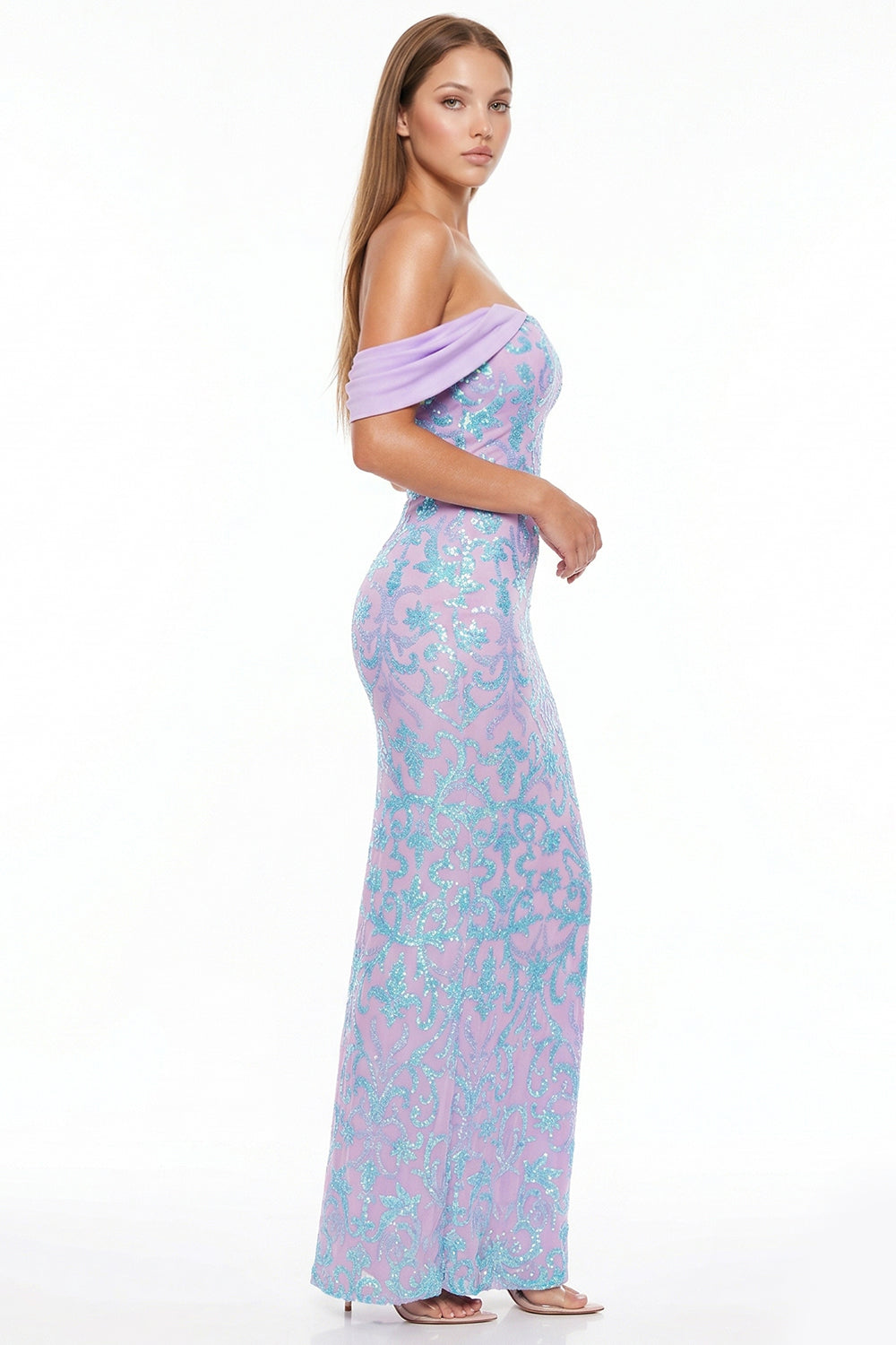 Sequin Scroll Pattern On Mesh Maxi Dress