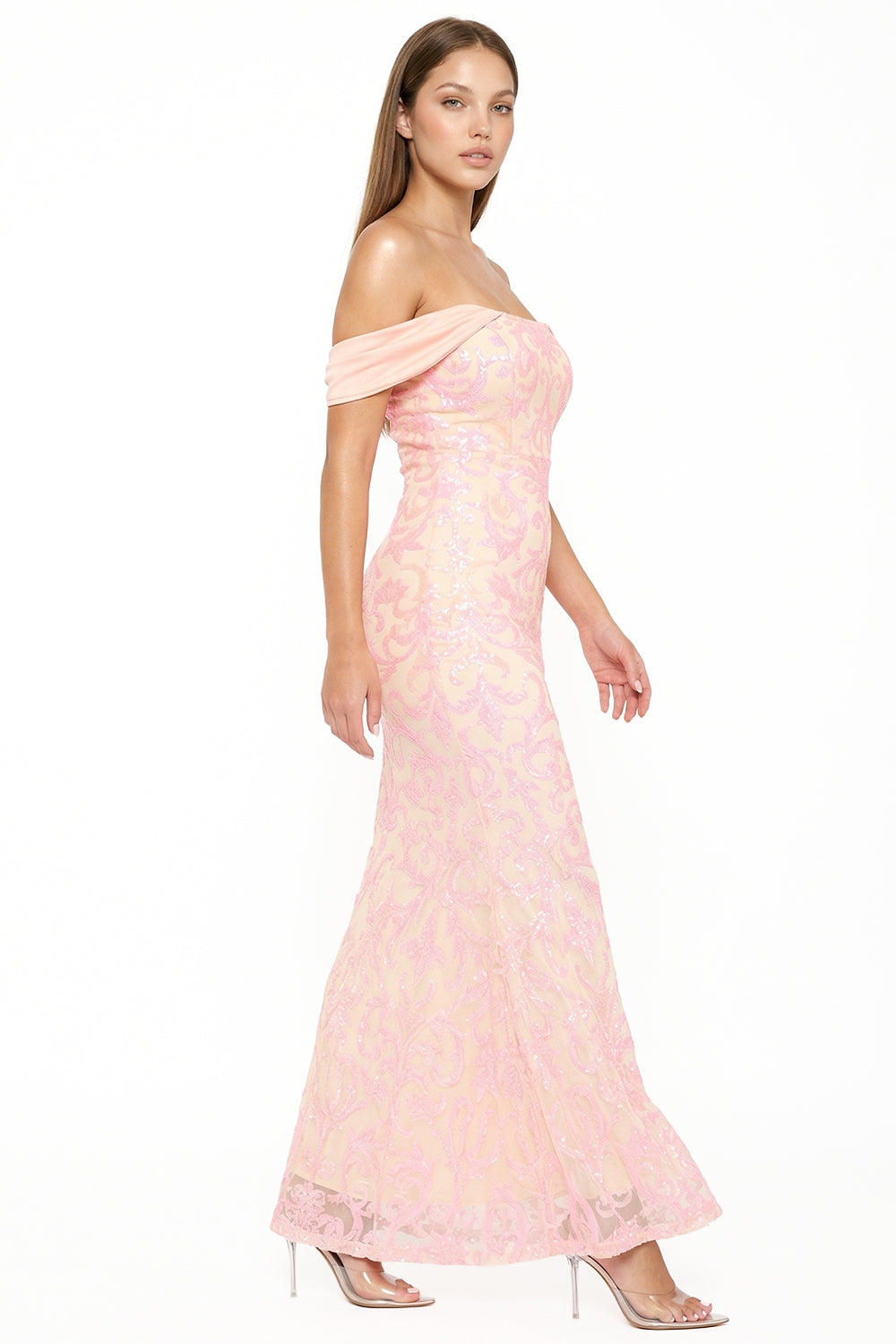 Sequin Scroll Pattern On Mesh Maxi Dress