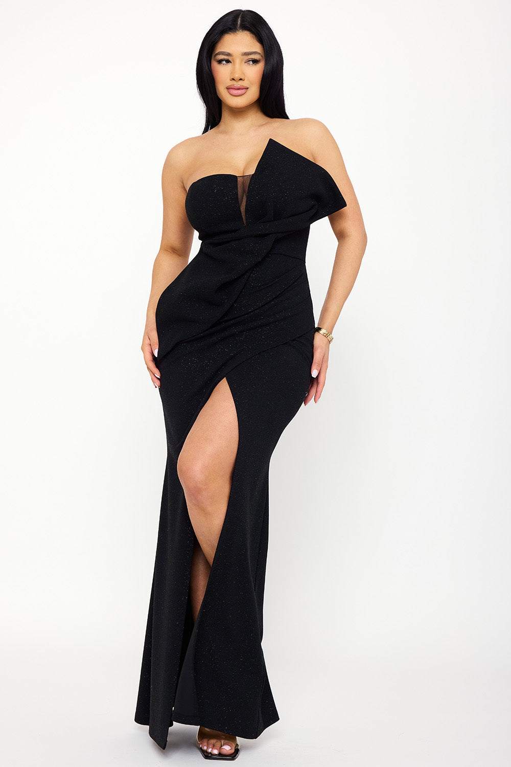 Symphony Dress - Glitter Fabric Twist Ribbon Front Maxi Dress | Zezebe
