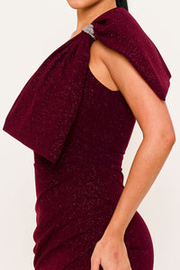 Glitter With One Shoulder Oversized Bow On Sleeve Maxi Dress