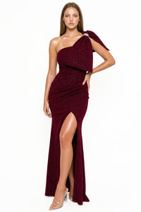 Glitter With One Shoulder Oversized Bow On Sleeve Maxi Dress