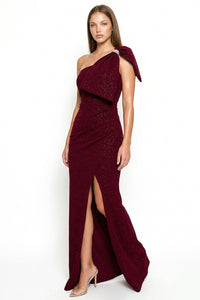 Glitter With One Shoulder Oversized Bow On Sleeve Maxi Dress