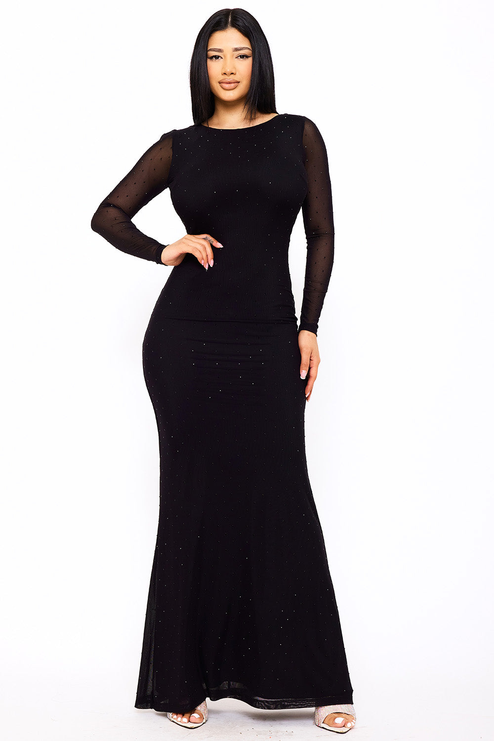 Symphony Dress - Rhinestone On Power Mesh Open Back Maxi Dress | Zezebe