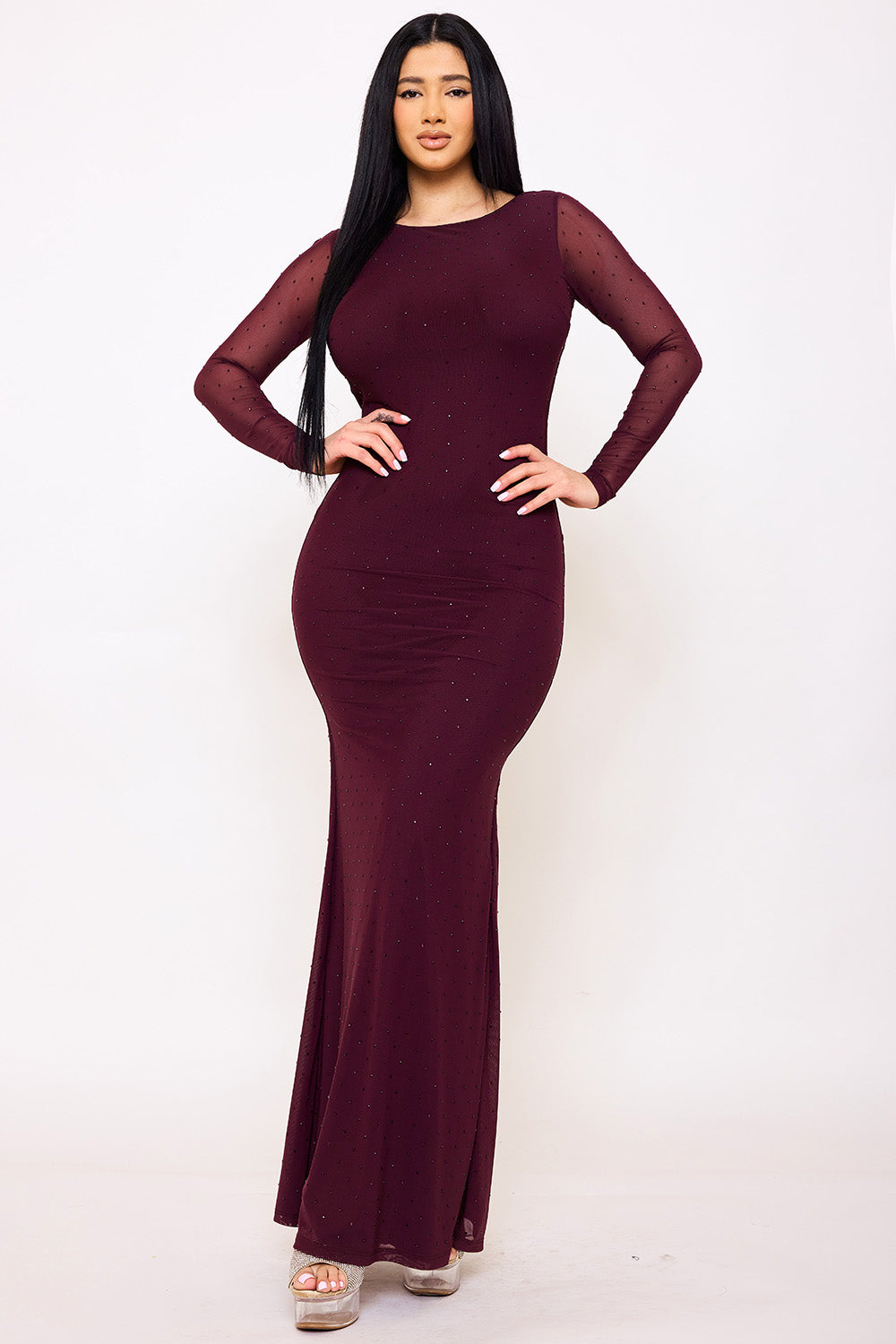 Symphony Dress - Rhinestone On Power Mesh Open Back Maxi Dress | Zezebe