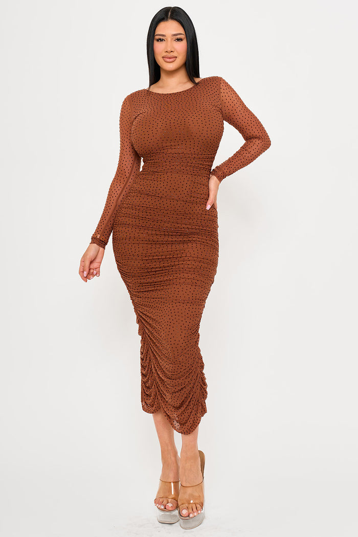 Symphony Dress - Rhinestone On Mesh Pleated Long Dress | Zezebe