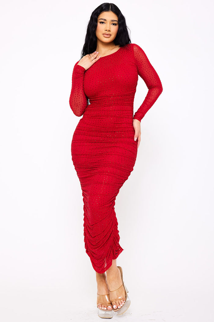 Rhinestone On Mesh Pleated Long Dress