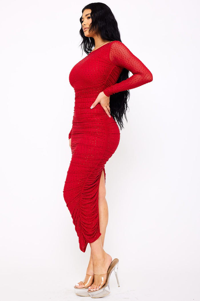 Rhinestone On Mesh Pleated Long Dress
