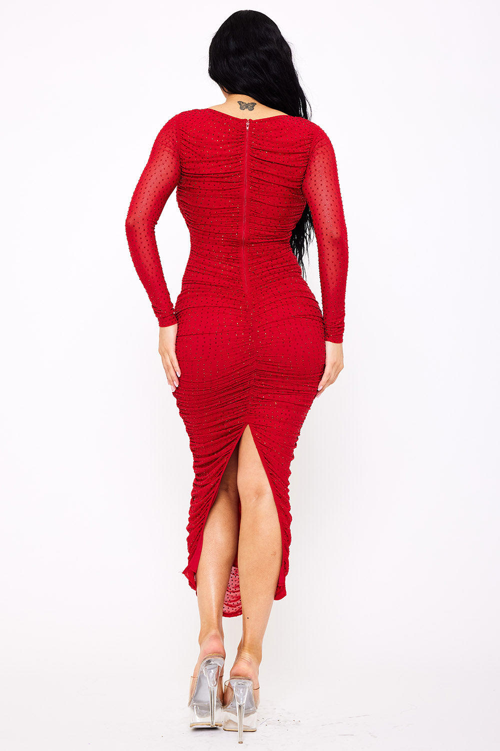 Symphony Dress - Rhinestone On Mesh Pleated Long Dress | Zezebe