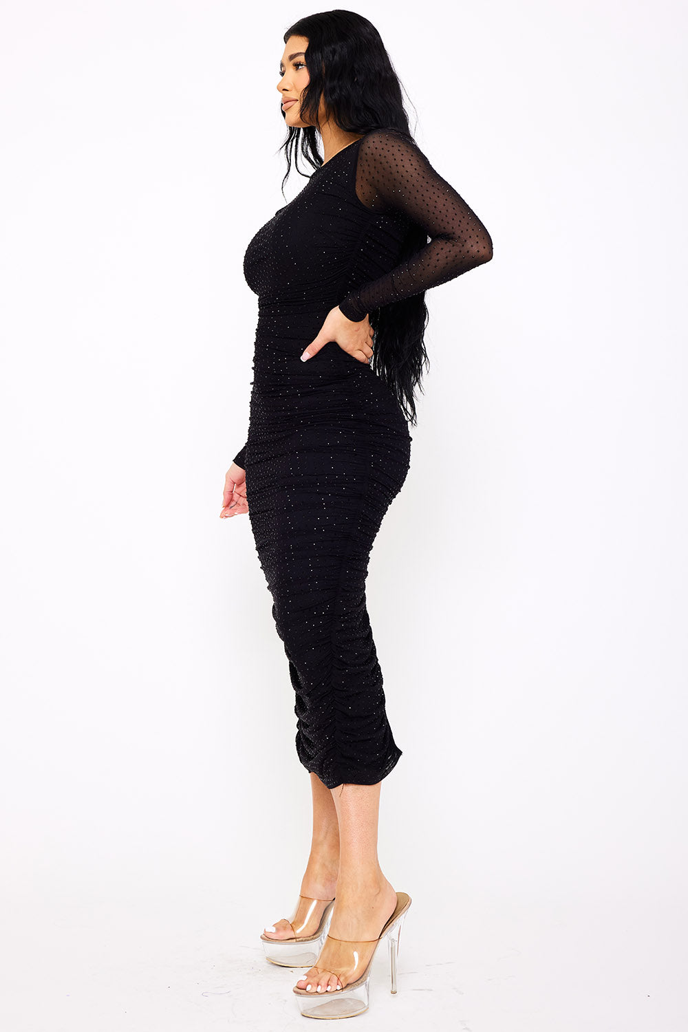 Symphony Dress - Rhinestone On Mesh Pleated Long Dress | Zezebe