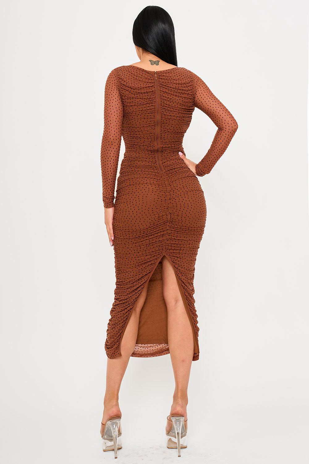 Symphony Dress - Rhinestone On Mesh Pleated Long Dress | Zezebe