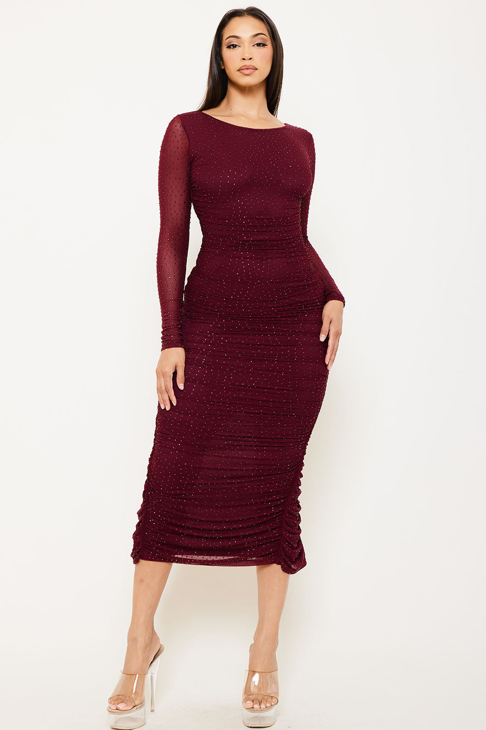 Symphony Dress - Rhinestone On Mesh Pleated Long Dress | Zezebe