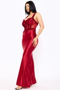 Symphony Dress - Ruffle Trim Detail On Satin Sheer Maxi Dress | Zezebe