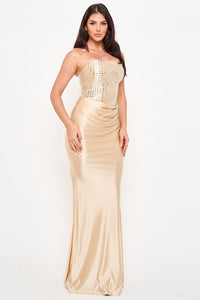 Rectangle Rhinestone Satin Mermaid Maxi Dress