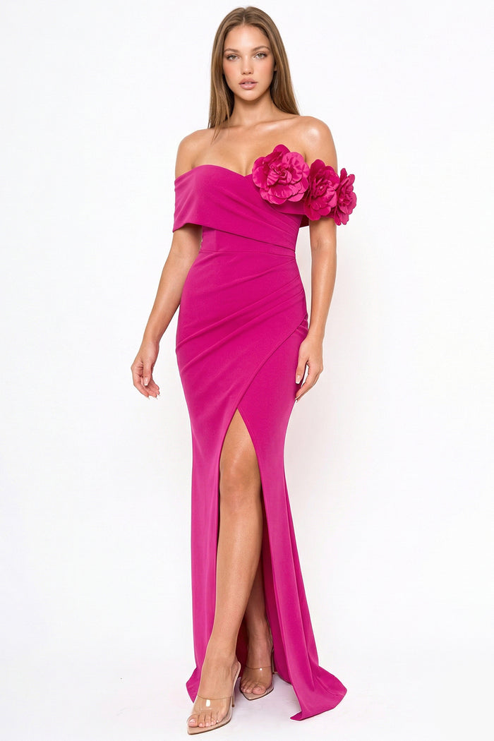 Flower Corsage On One Side Off The Shoulder Maxi Dress