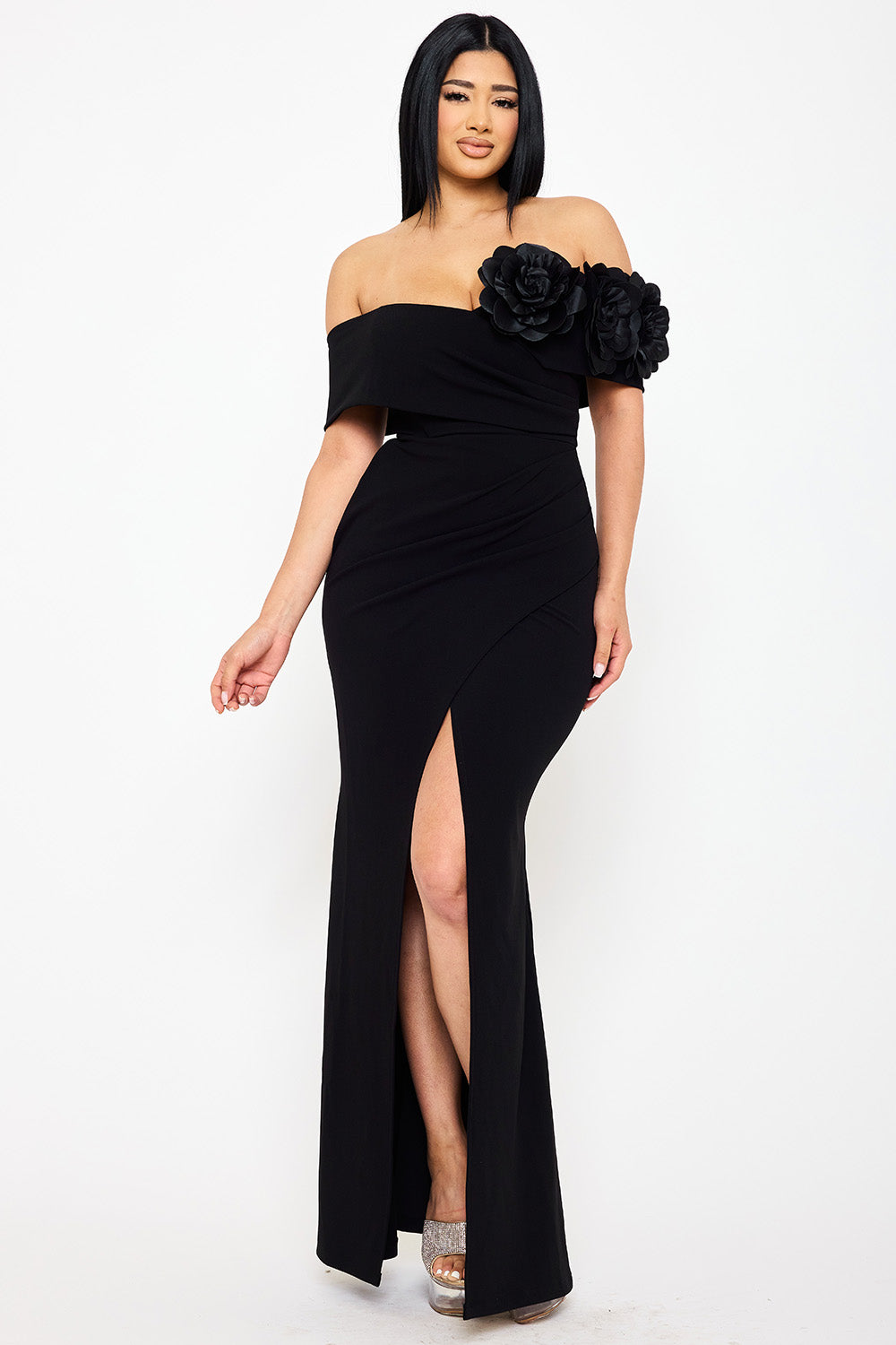 Symphony Dress - Flower Corsage On One Side Off The Shoulder Maxi Dress | Zezebe